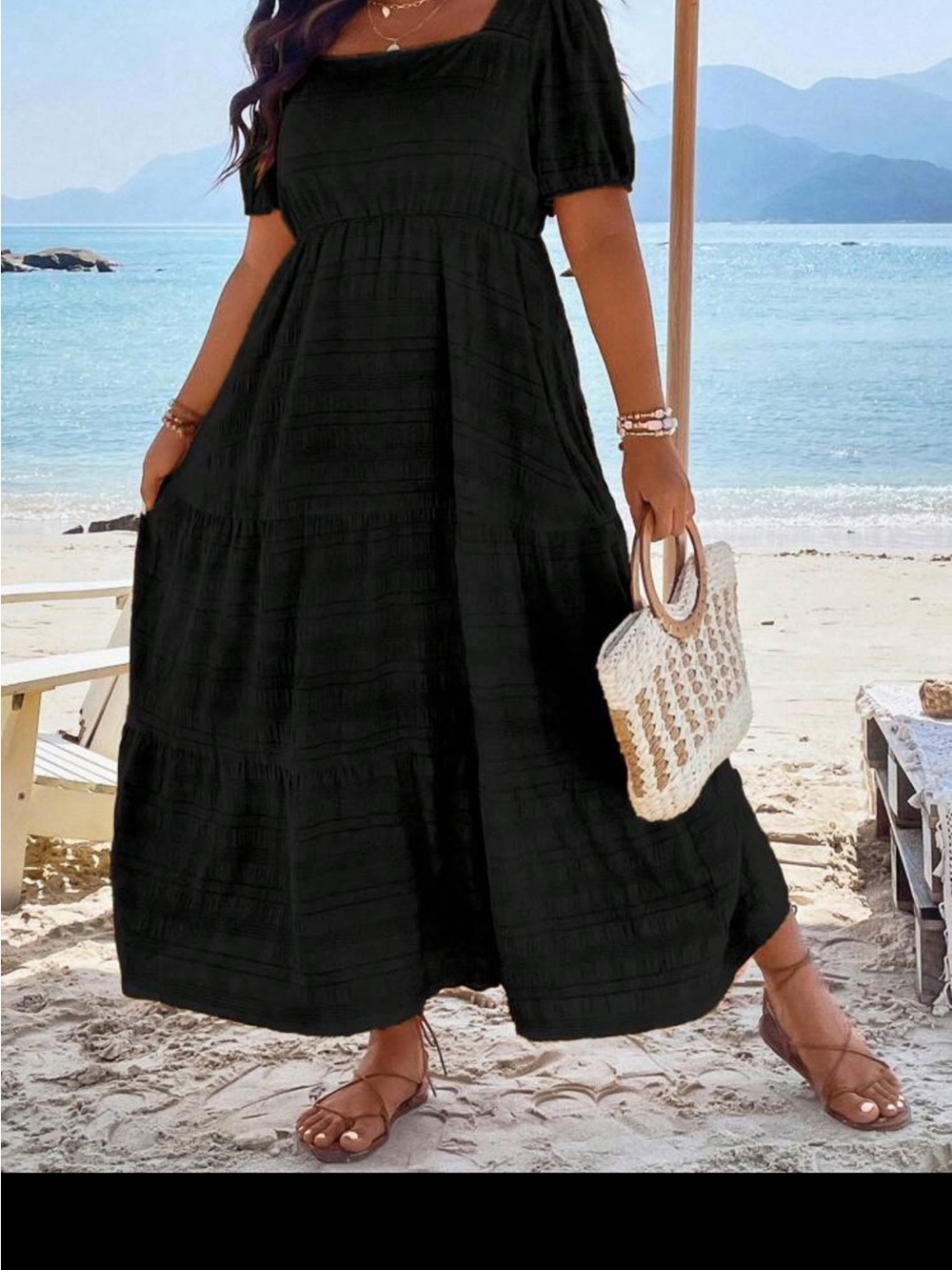Black Maxi Square Neck Tiered Summer Dress